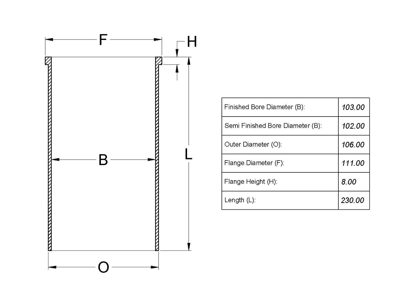 Cylinder Liner 102 I x 106 O x 111 F x 8 H 230 L