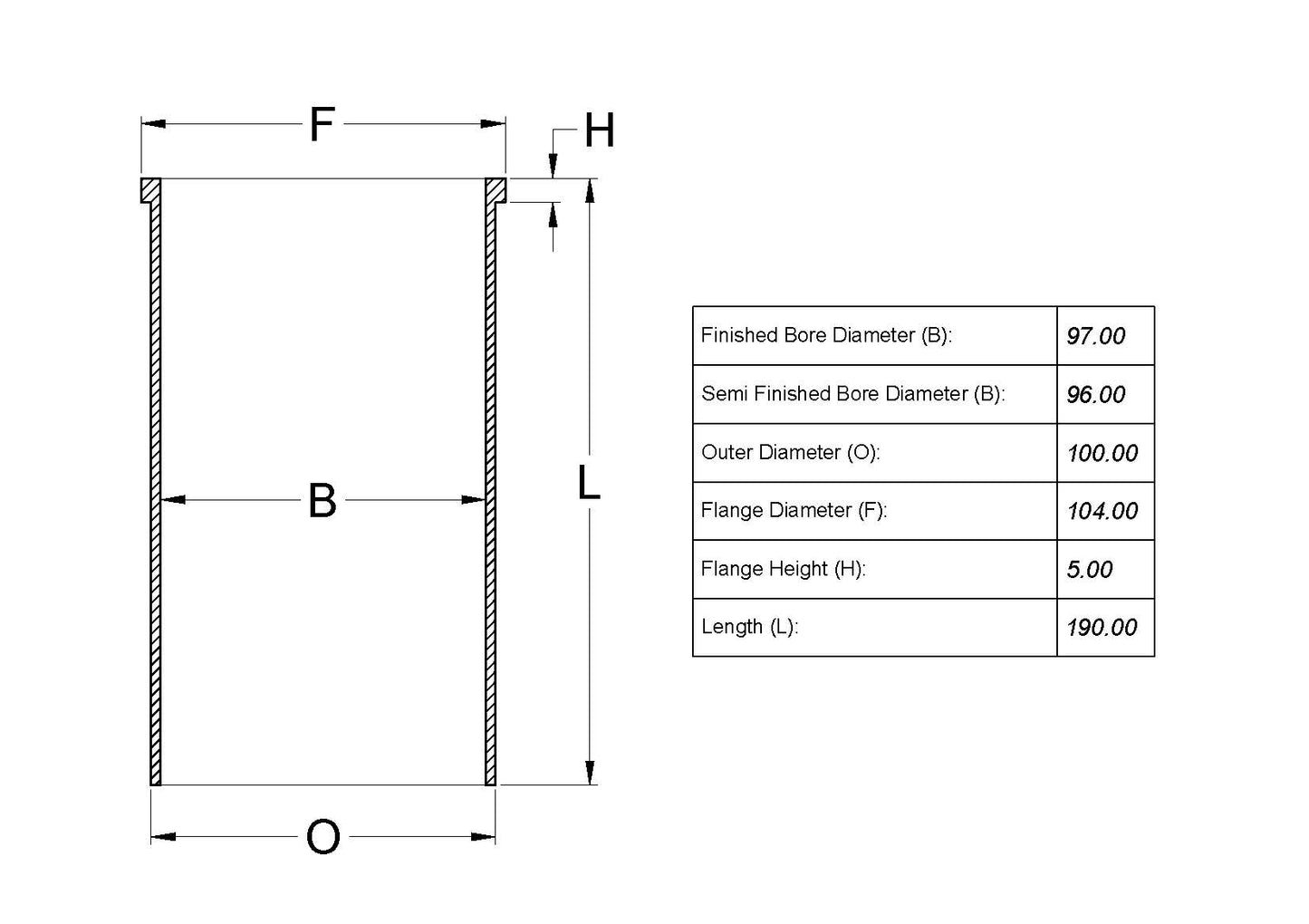 Cylinder Liner 96I x 100 O x 104 F x 5 H 190 L